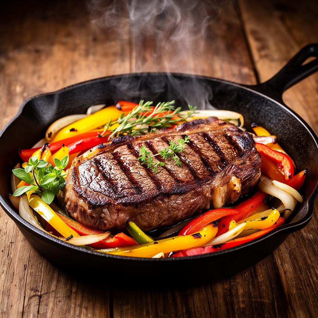 Sizzling cast iron skillet with grilled ribeye steak, roasted peppers, and fresh herbs