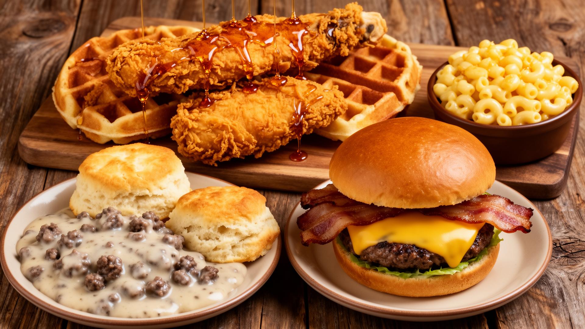 Classic American comfort food spread featuring chicken and waffles, biscuits and gravy, cheeseburger, and mac and cheese