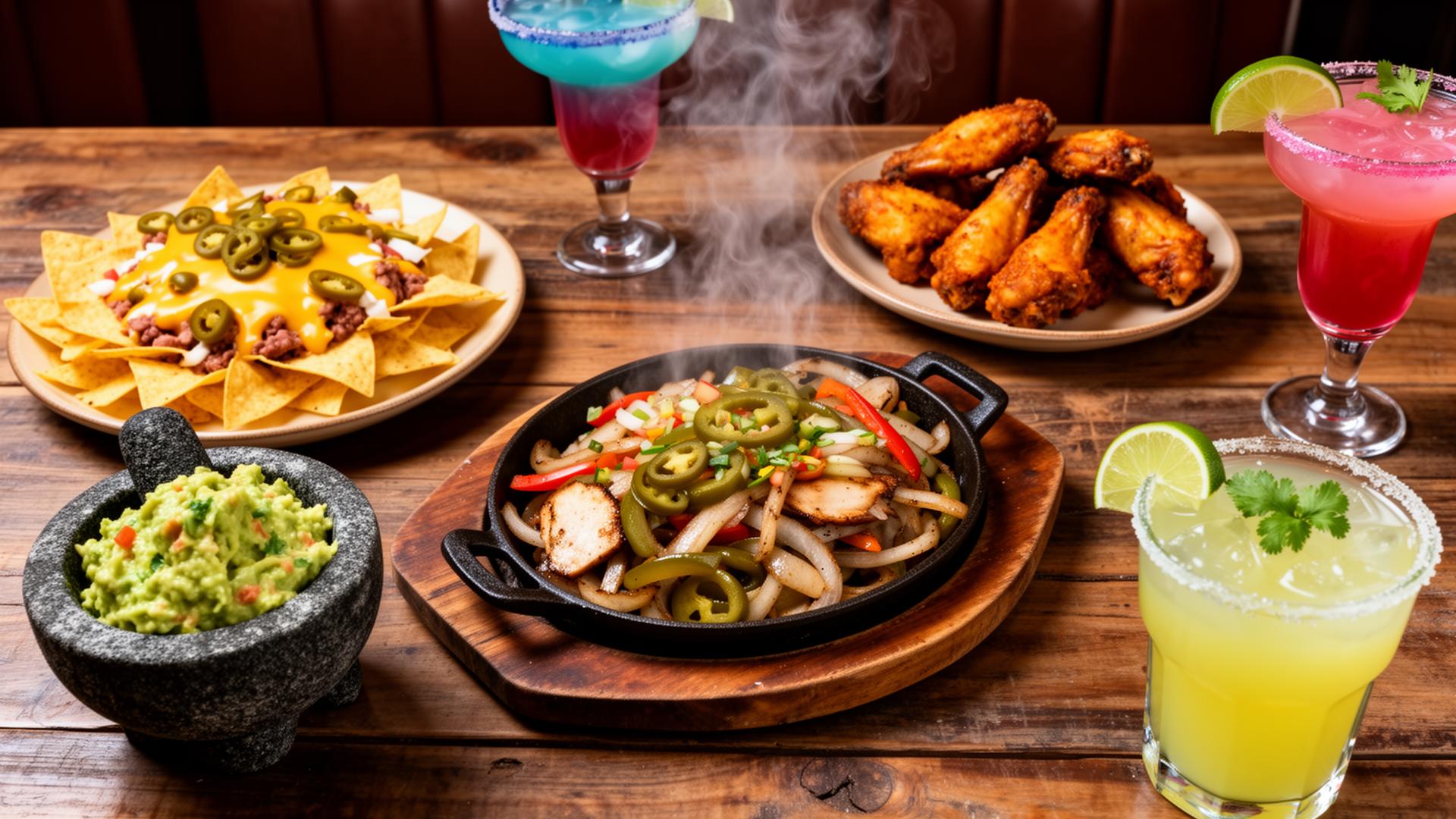 Delicious Mexican and American bistro dishes spread on a rustic table