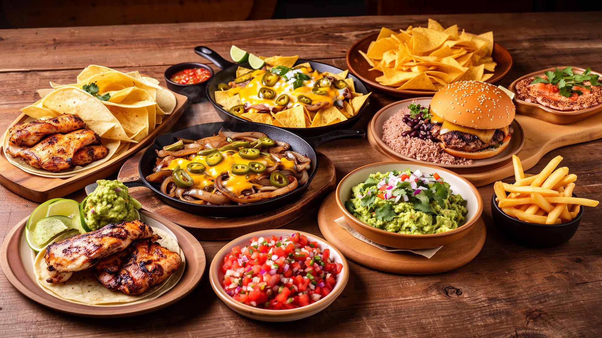 Colorful spread of American and Mexican bistro dishes on a rustic wooden table